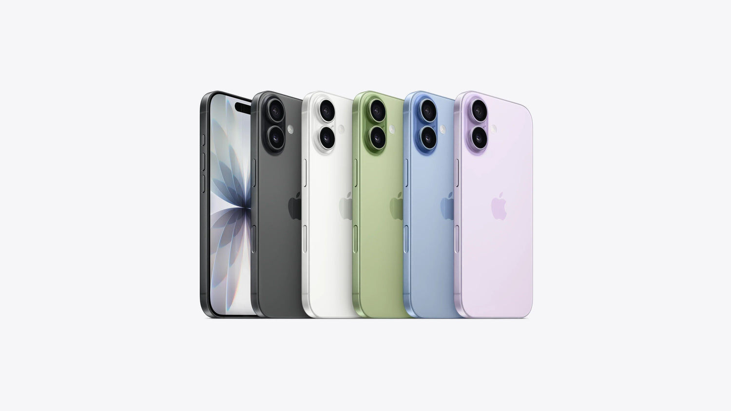 Five iPhone 14 models in black, white, green, blue, and purple colors displayed side by side