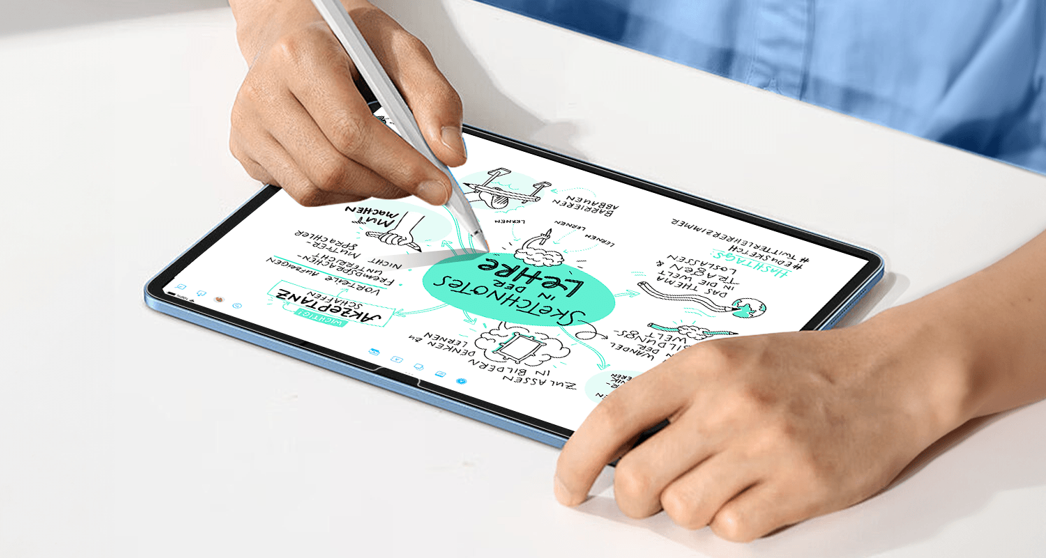 Person using stylus pen on tablet displaying digital handwritten mind map in German