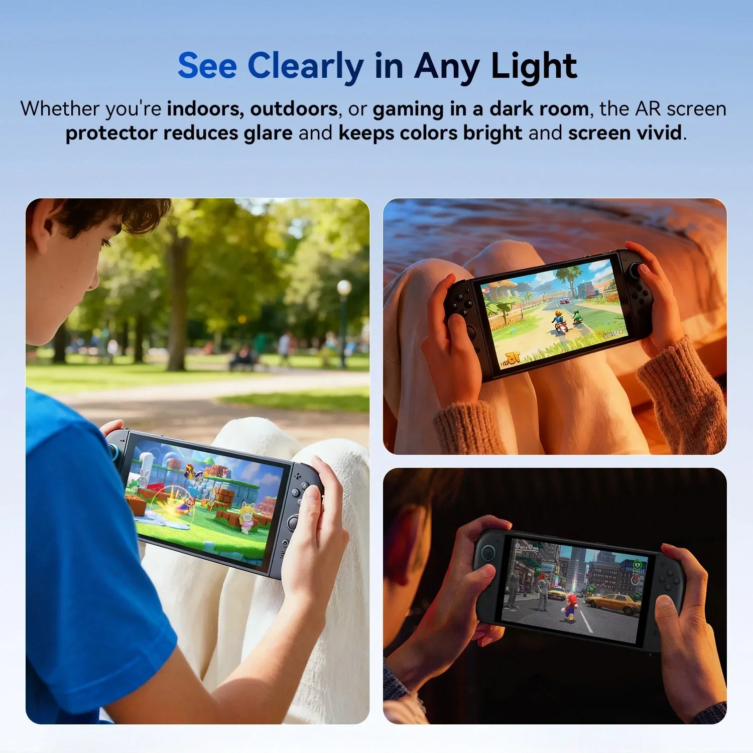 Person playing handheld gaming console outdoors, indoors, and in dark room with vivid screen display