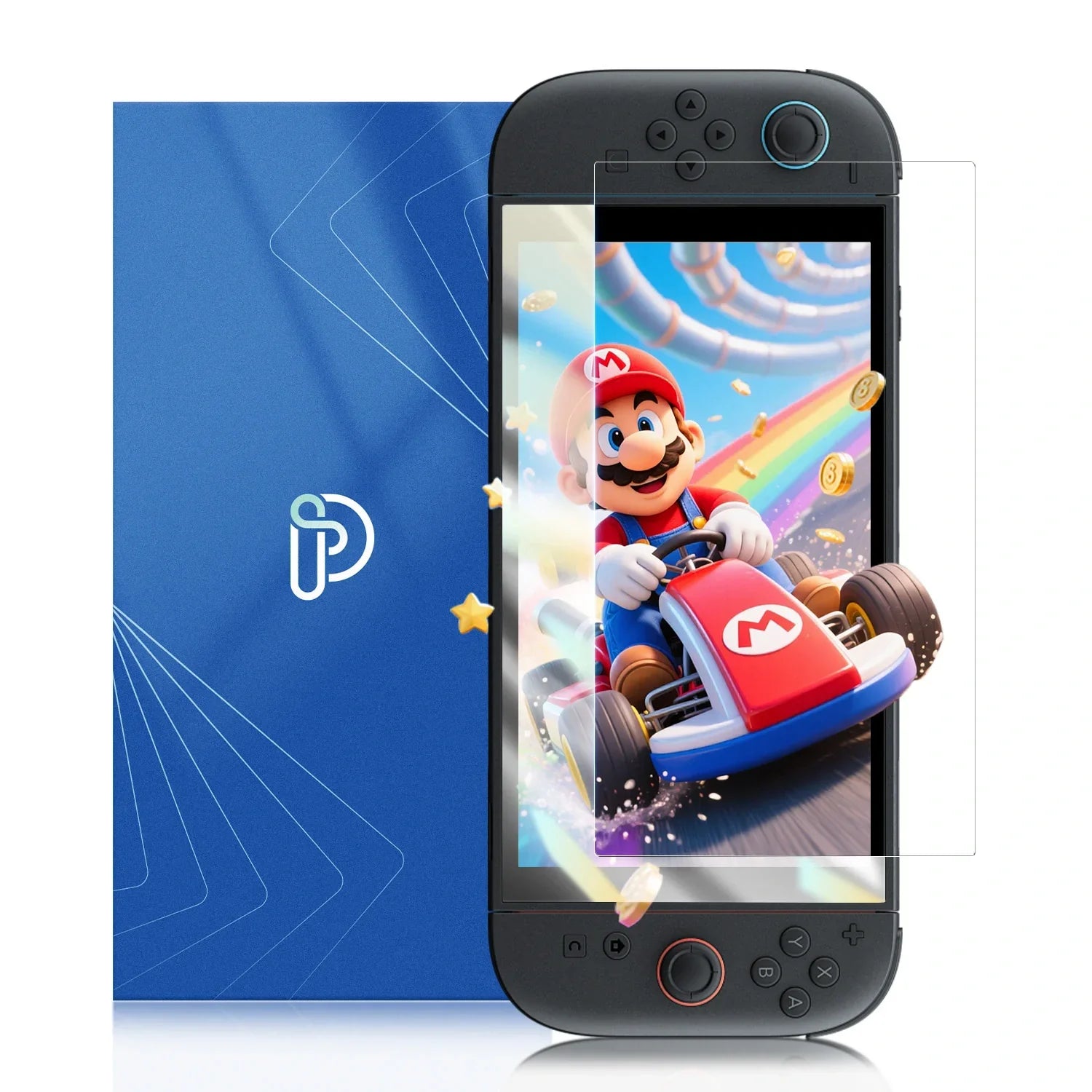 Gaming handheld device with Mario Kart game and blue screen protector packaging