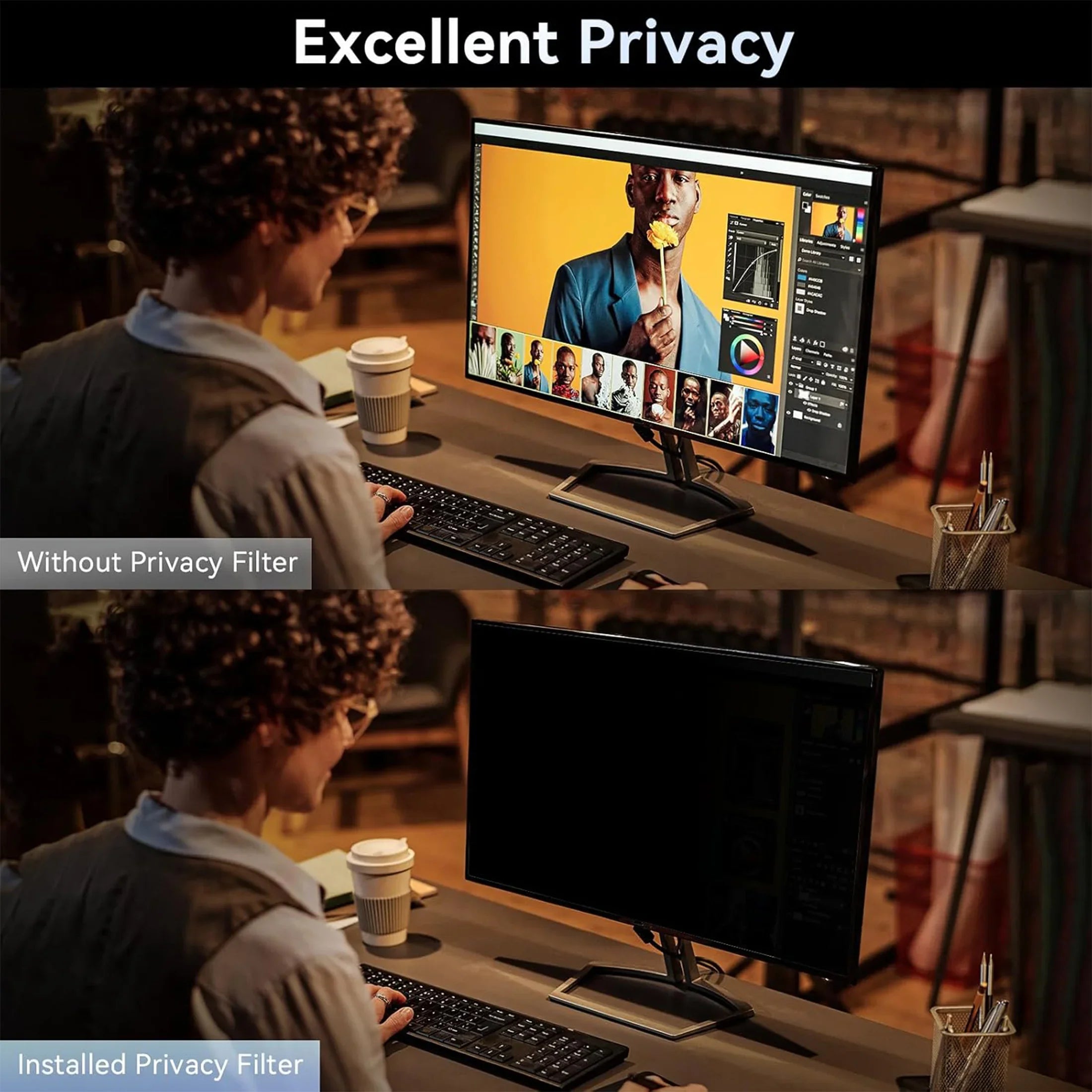 Split image showing a woman editing photos on a monitor without and with a privacy filter in a cozy office setting