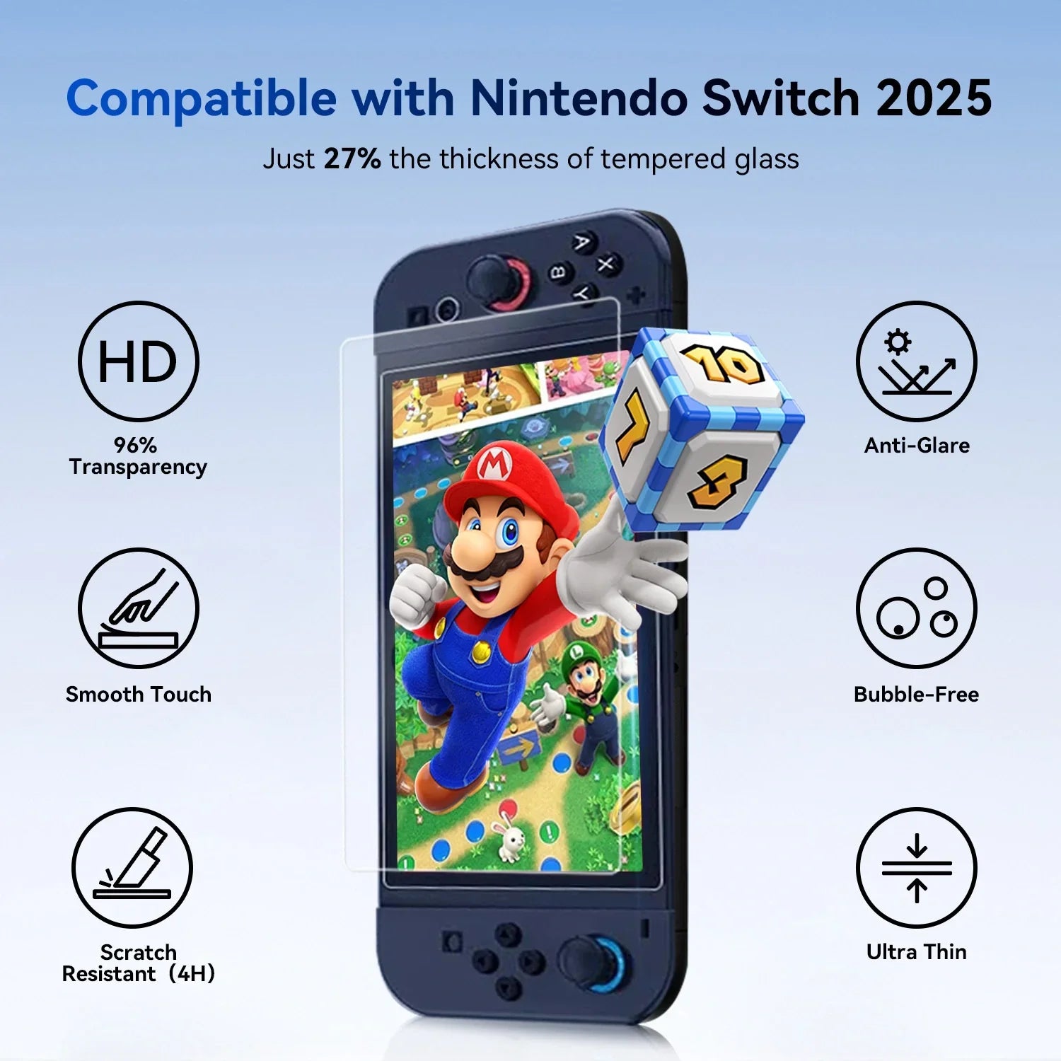 Nintendo Switch 2025 with ultra-thin, anti-glare, scratch-resistant screen protector featuring Mario game