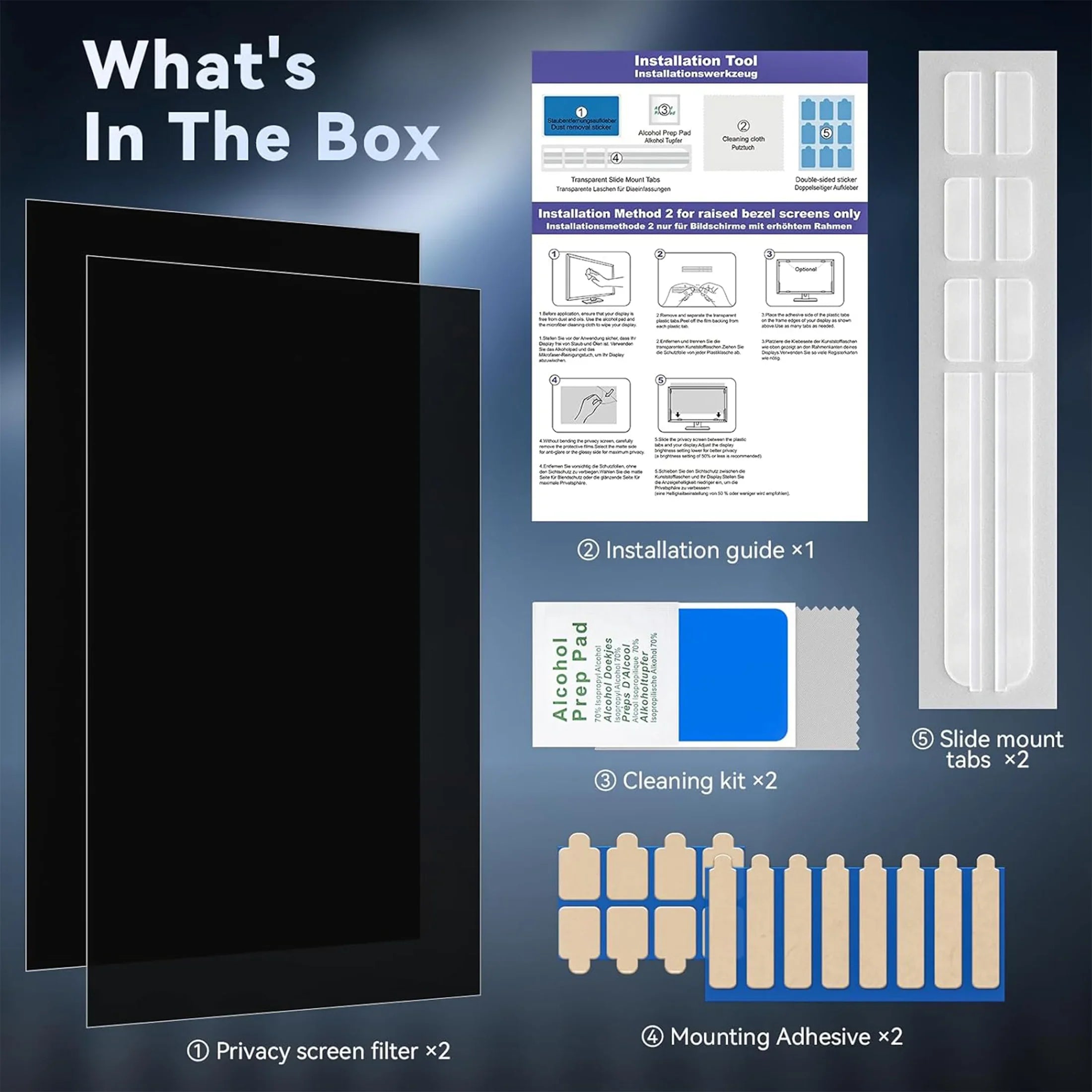 Privacy screen filter kit includes installation guide, cleaning kit, mounting adhesive, and slide mount tabs