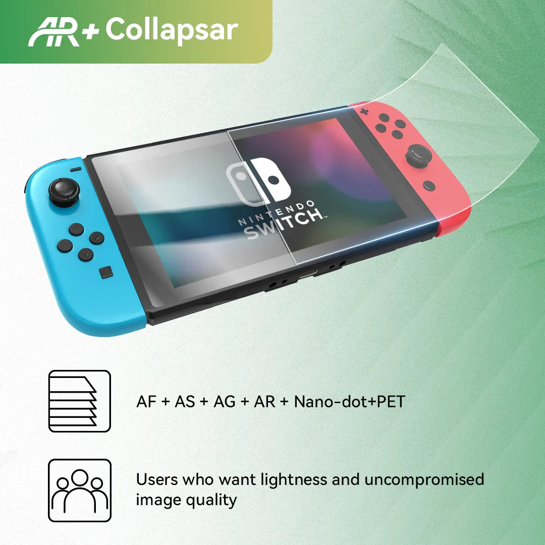 Nintendo Switch with AR Collapsar nano-dot PET screen protector partially applied, blue and red Joy-Con controllers
