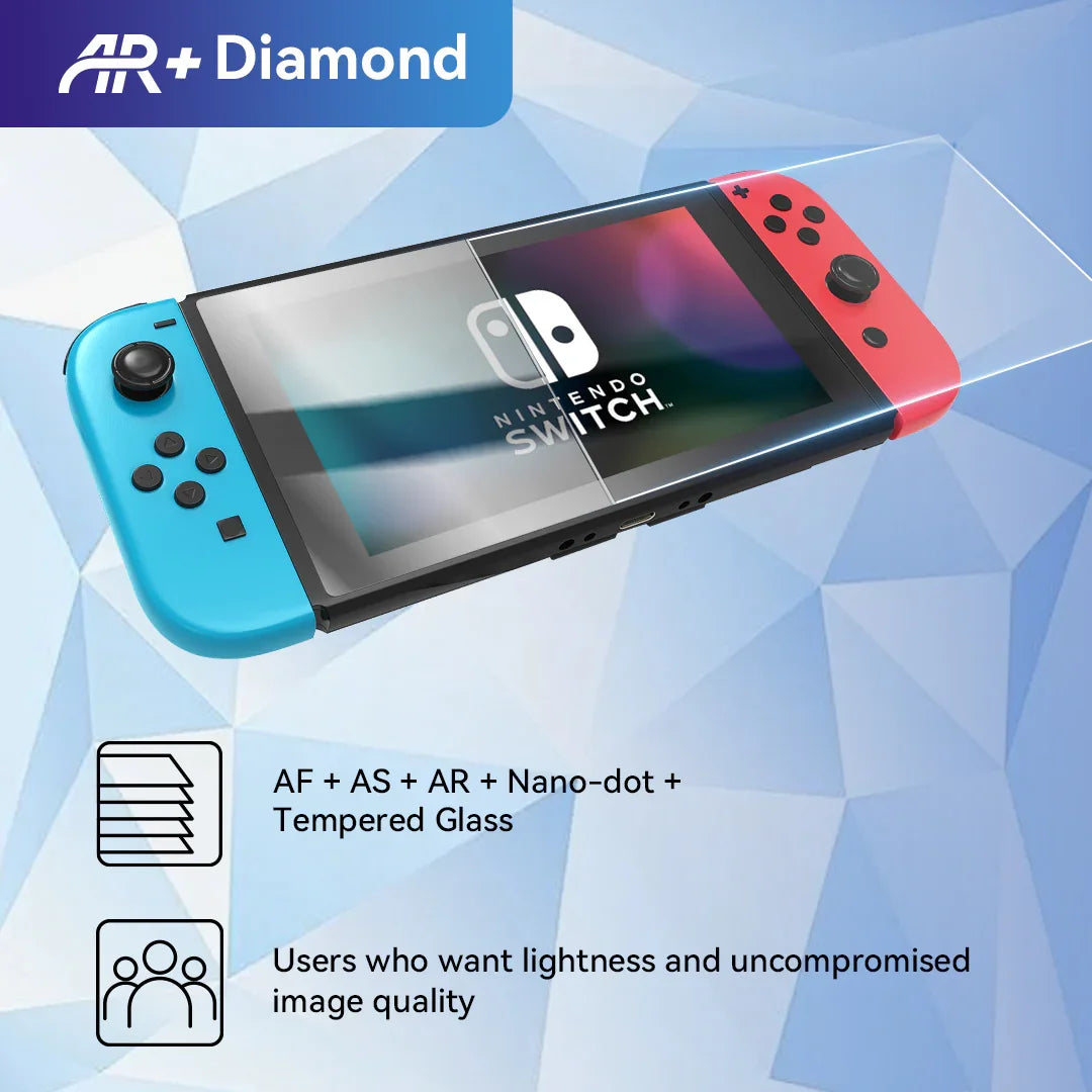 Nintendo Switch with blue and red Joy-Con controllers featuring AR+ Diamond tempered glass screen protector