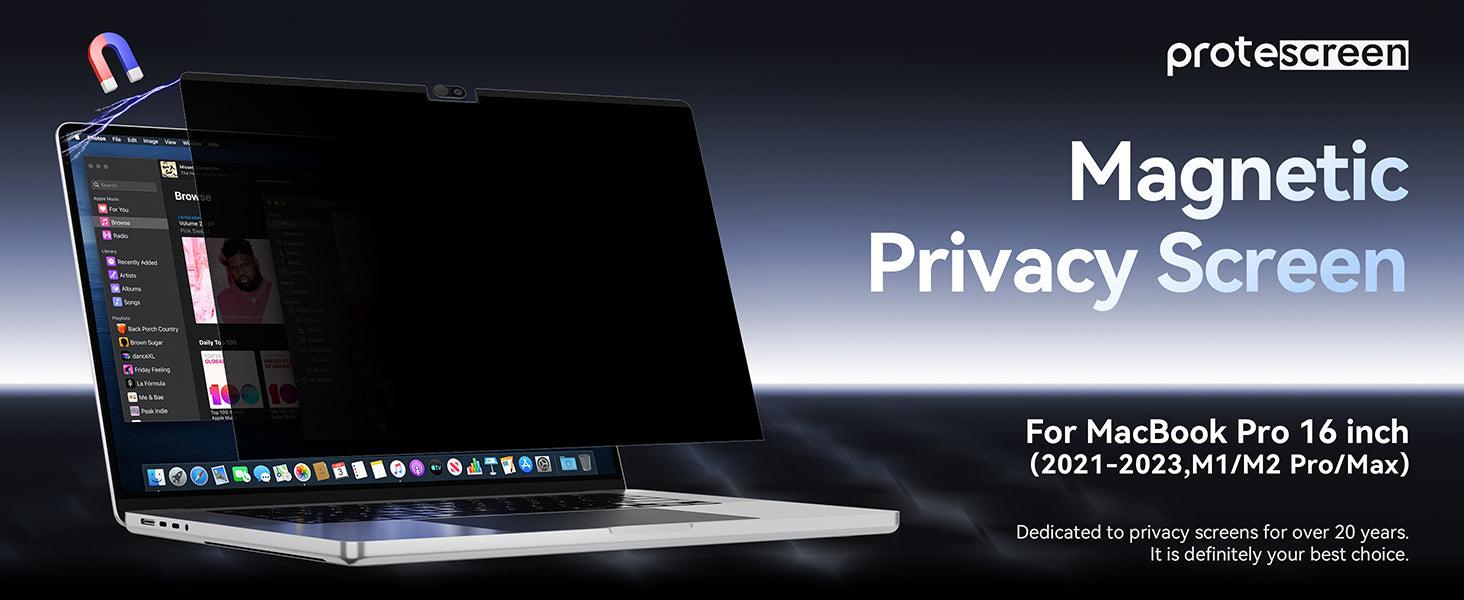 MacBook Pro 16 inch with magnetic privacy screen showing limited side viewing, anti-spy filter