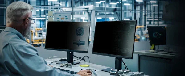 Man with gray hair using dual monitors in an industrial workspace with computer privacy screen filters