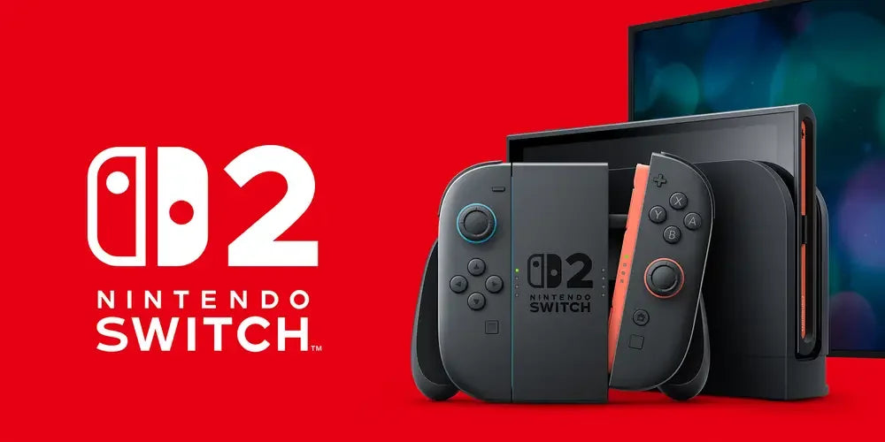 Nintendo Switch OLED model in black with neon blue and red Joy-Con controllers on red background