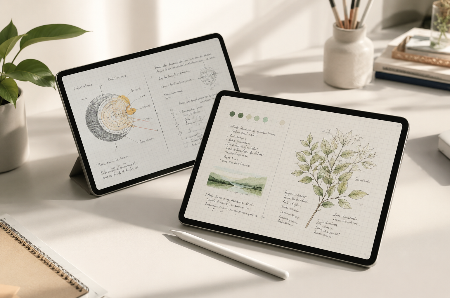 iPad displaying handwritten notes with Apple Pencil, showcasing a paper feel screen protector designed for note-taking, drawing, anti-glare viewing, and improved writing precision.